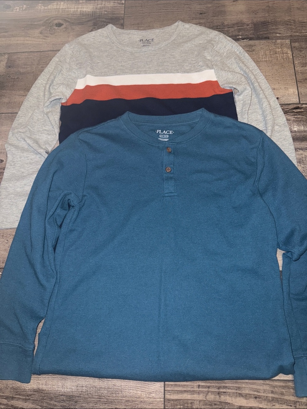 Place Teal Henley and Gray Crew with Navy & Rust Stripes